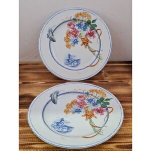 222 Fifth 8" Appetizer Plate Beachcomber Lighthouse Feather Seashells Flowers X2